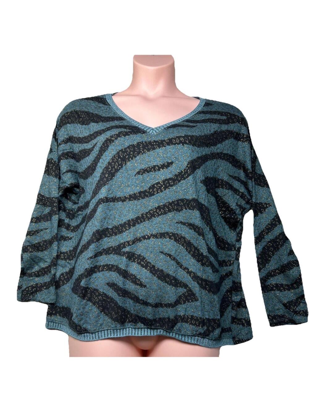 BRAND BAZAR Vintage Tiger Stripe Crew Neck Sweater Size 16 Teal Black Italy